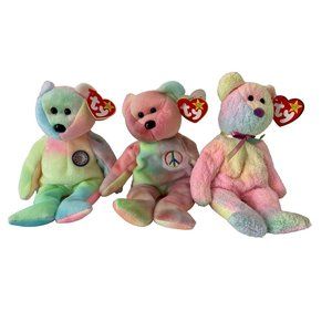 Vintage Retired TY Beanie Baby Lot of 3 Peace, Groovy, Bday Bear Tie Dye Bears